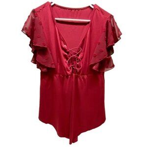 Shein Ruffle Sleeve Blouse Women's 1XL Maroon Lace Up Front Office Wear Top EUC